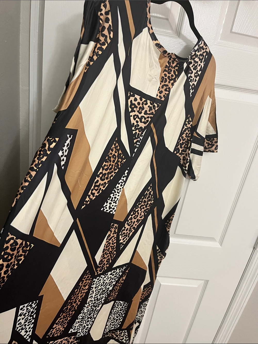 Geometric & Leopard Print Maxi Dress in Black, Cream & Brown